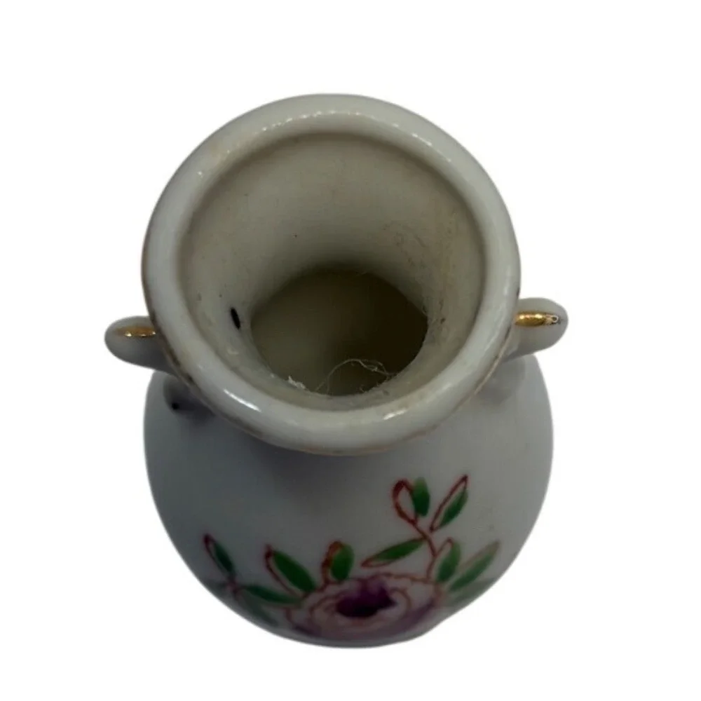 Occupied Japan Miniature Porcelain Bud Vase Rose Floral Double Handle Vintage